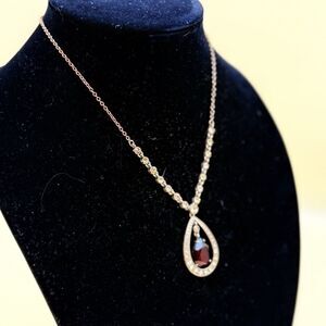 Vintage Style Rhinestone Teardrop Necklace - Faux Garnet - Rose Gold Tone